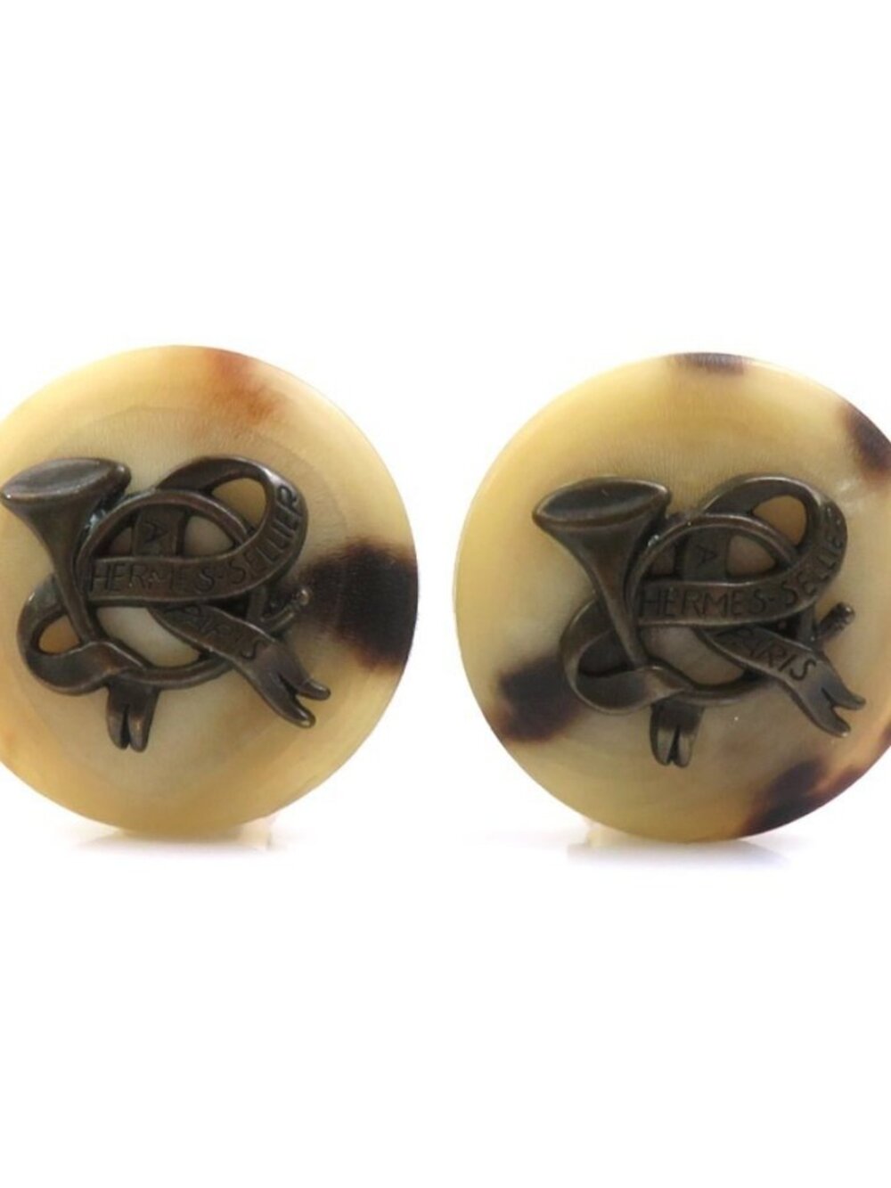 HERMES Earrings Beige Brown/Gold Buffalo horn/Metal